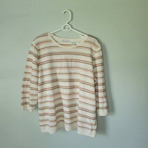 Alfred Dunner Sweater Women's 2X Cream with Stripes 3/4 Sleeve Knit Top